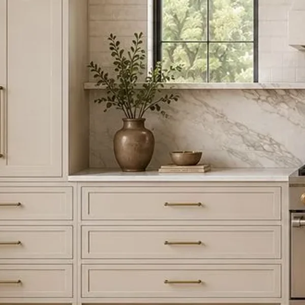 Cream cabinetry and a marble slab ledge