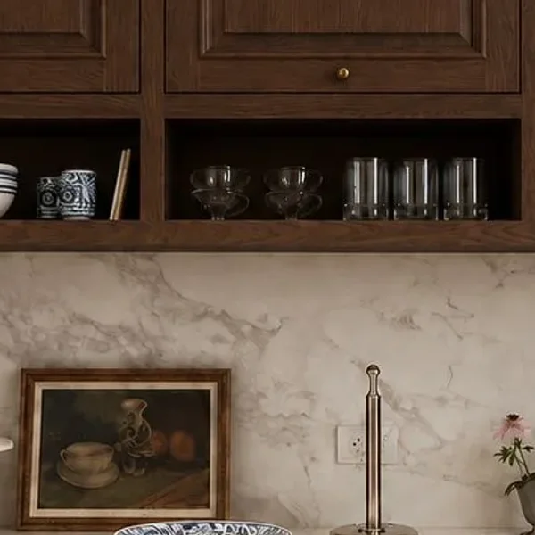 A walnut hutch with a marble backsplash