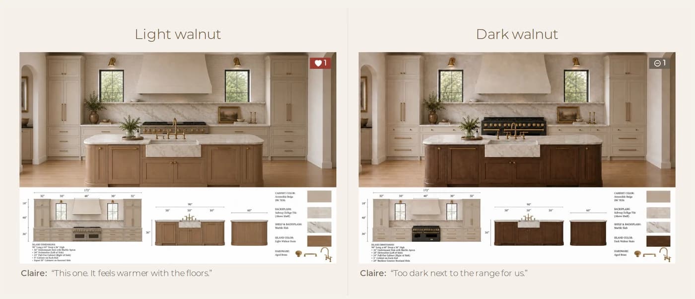 A client portal mood board comparing a light walnut island and a dark walnut island, with the client's reactions and notes
